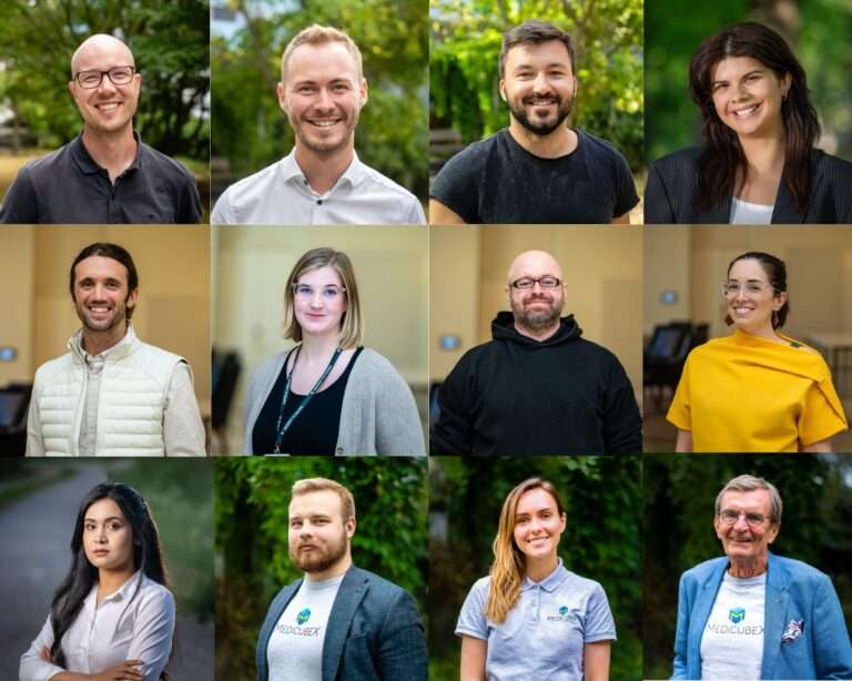 Diverse team of professionals smiling outdoors, captured by Photographer Helsinki, specializing in employee headshots and professional headshots.